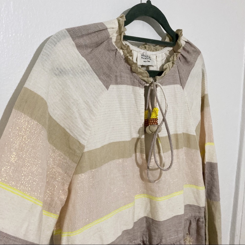 Hemant & Nandita Mana Stripe Ivory Mini Long Sleeve Tassel Dress Size M NWOT - Picture 2 of 10